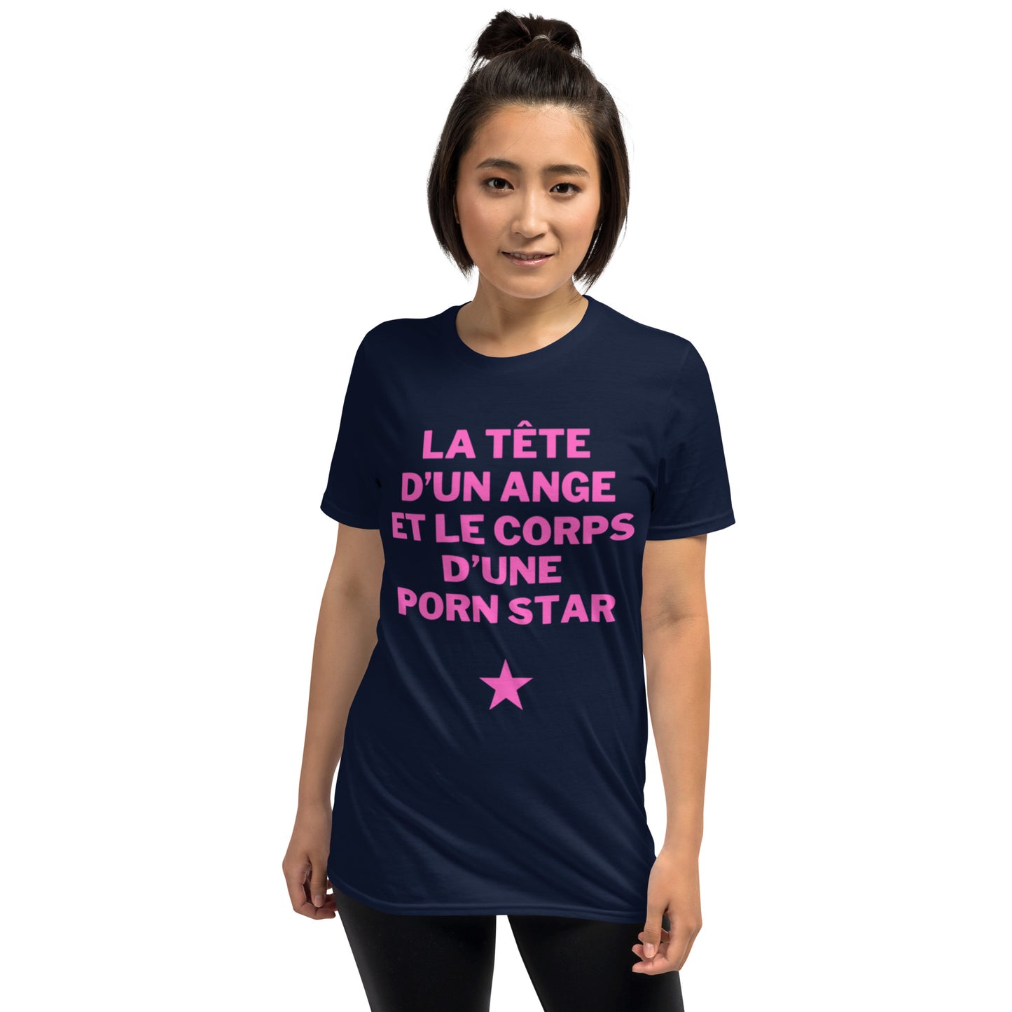 T-shirt Unisexe à Manches Courtes " la tête d'un ange et le corps d'une porn star "