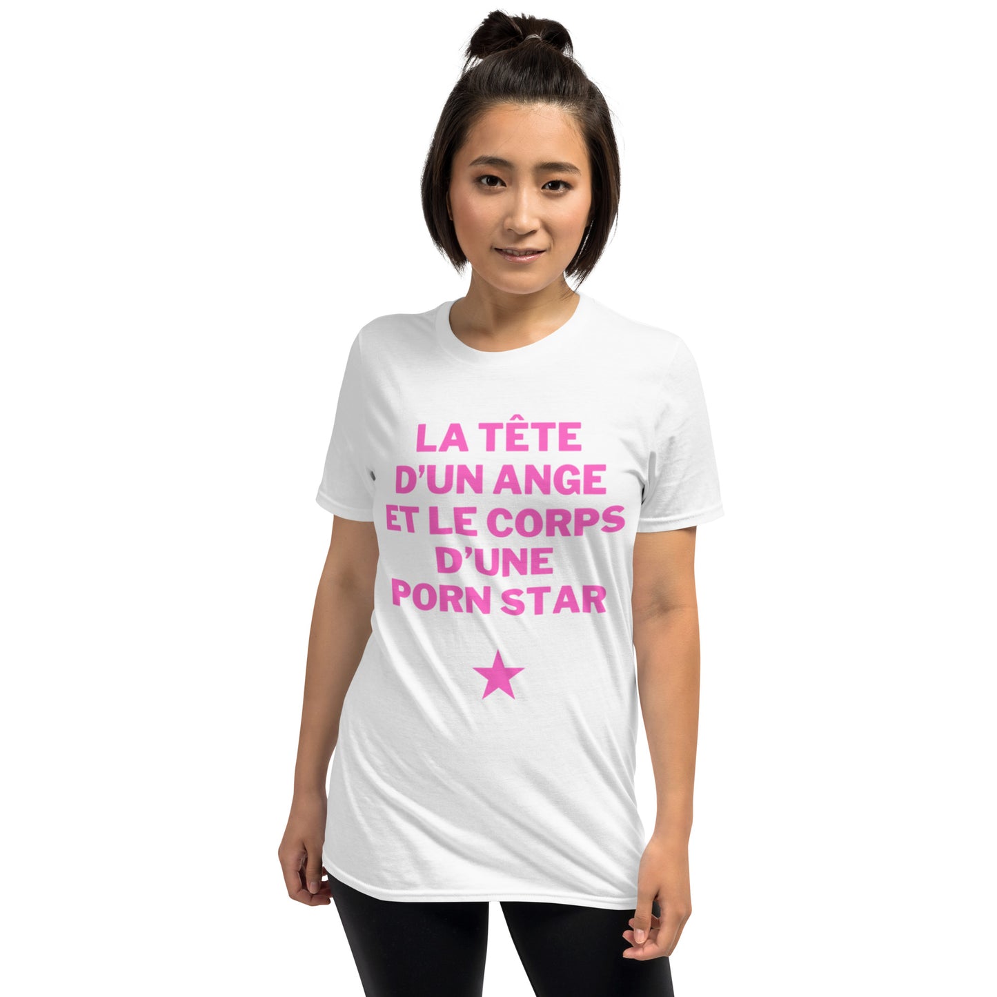 T-shirt Unisexe à Manches Courtes " la tête d'un ange et le corps d'une porn star "