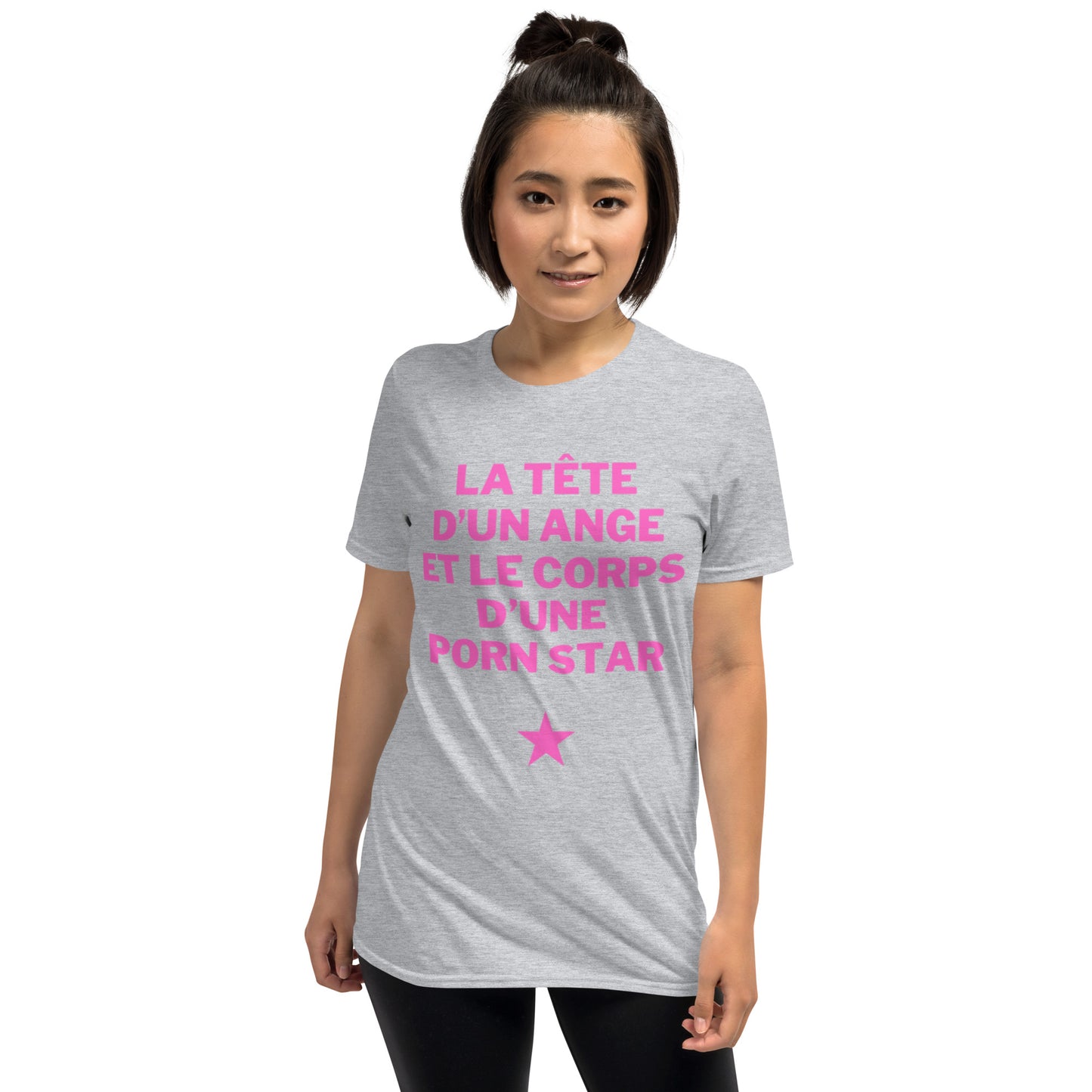 T-shirt Unisexe à Manches Courtes " la tête d'un ange et le corps d'une porn star "